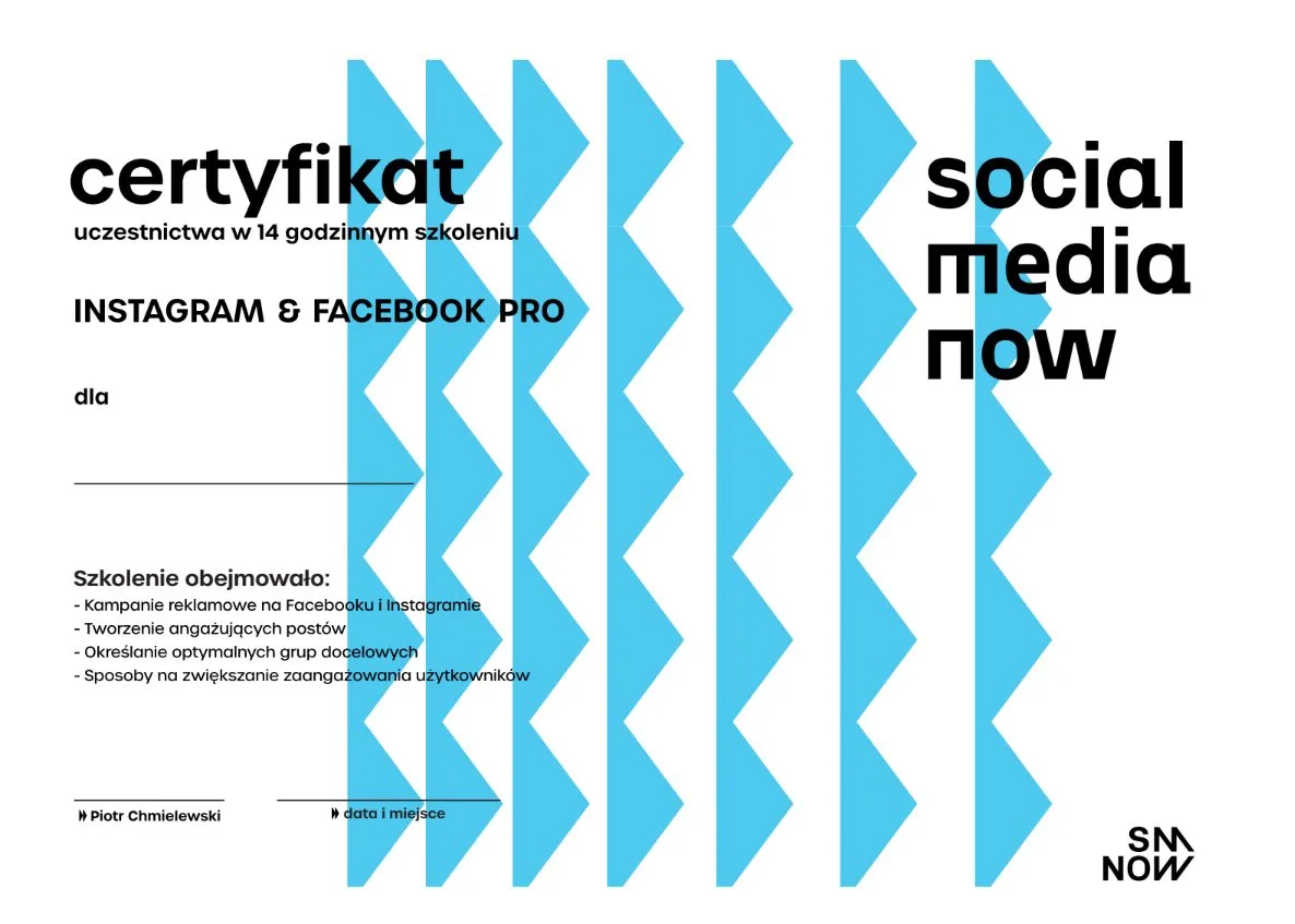 Certyfikat uczestnictwa Instagram & Facebook Pro