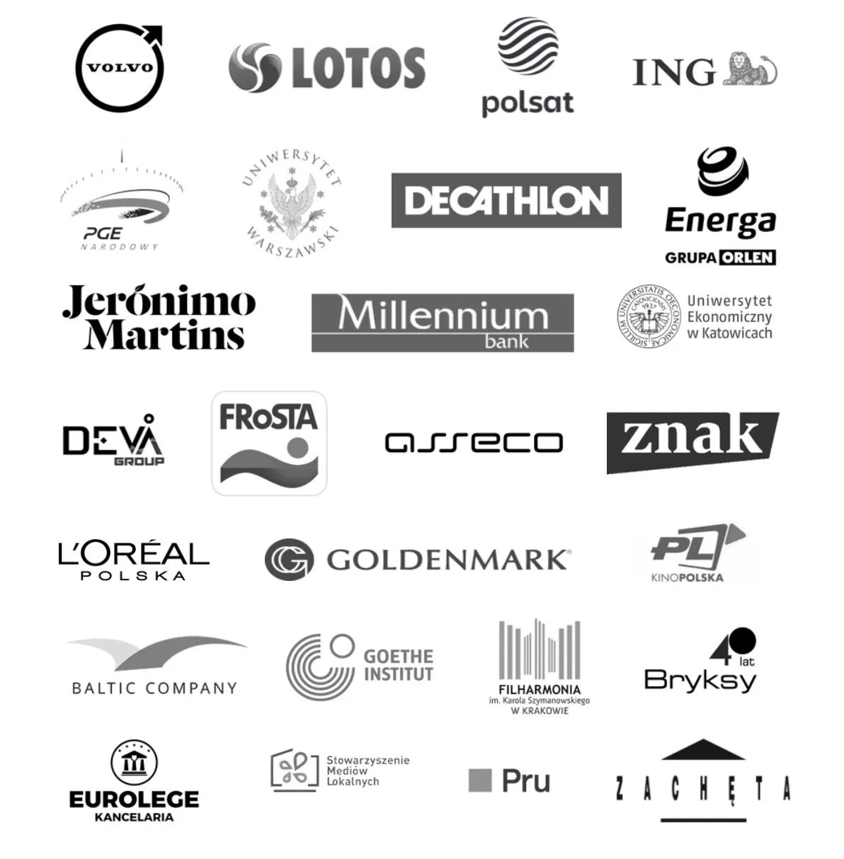 Marki i instytucje, które szkoliliśmy: Volvo, Lotos, Polsat, ING, PGE Narodowy, Uniwersytet Warszawski, Decathlon, Energa Grupa Orlen i inne